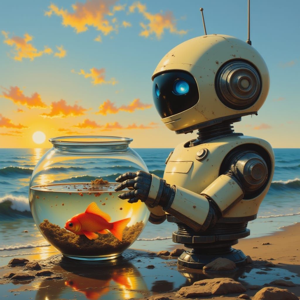 Cute Robot Holding a Fishbowl