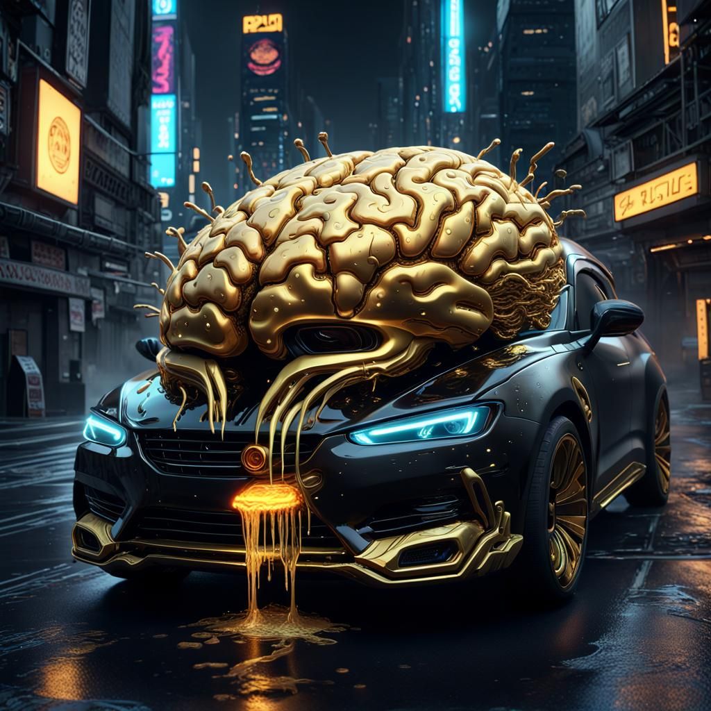 Cyberpunk Brain Car: Golden Innovation Unleashed