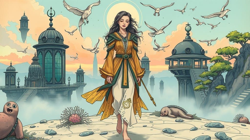 Luminous Synth-Woman in Dreamlike Landscape, Miyazaki-Inspir...