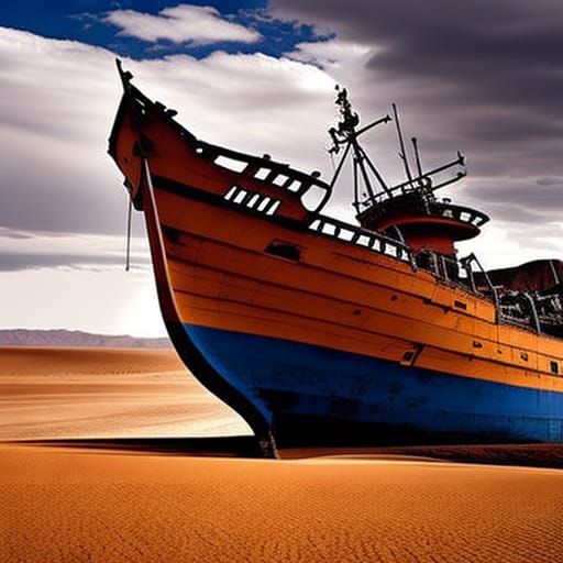 Ship Stranded in Desert Under Stormy Sky