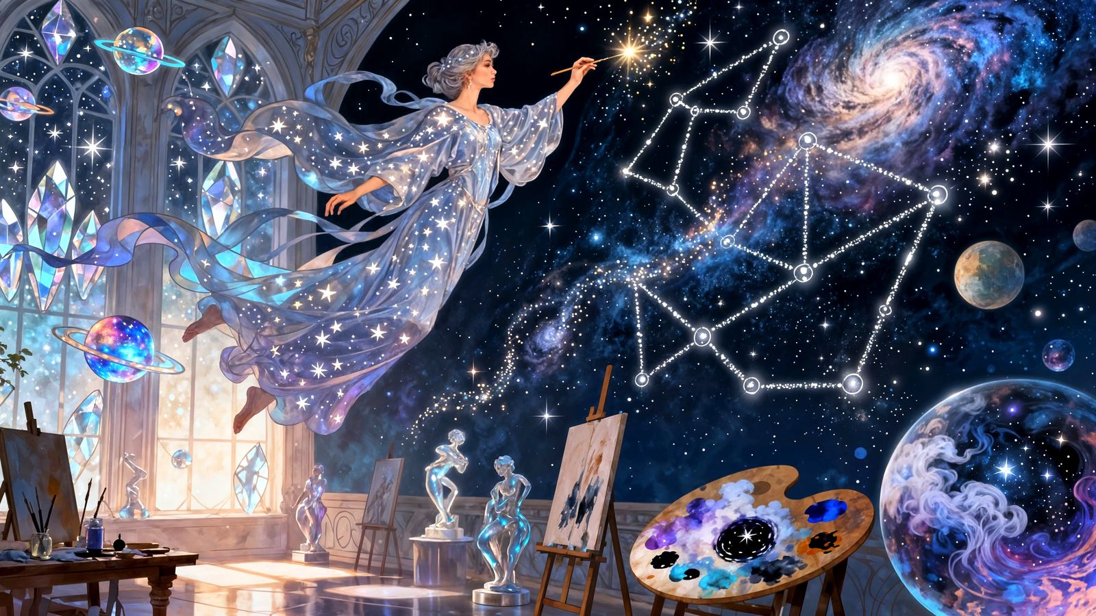Cosmic Artist Painting Constellations in Celestial Studio