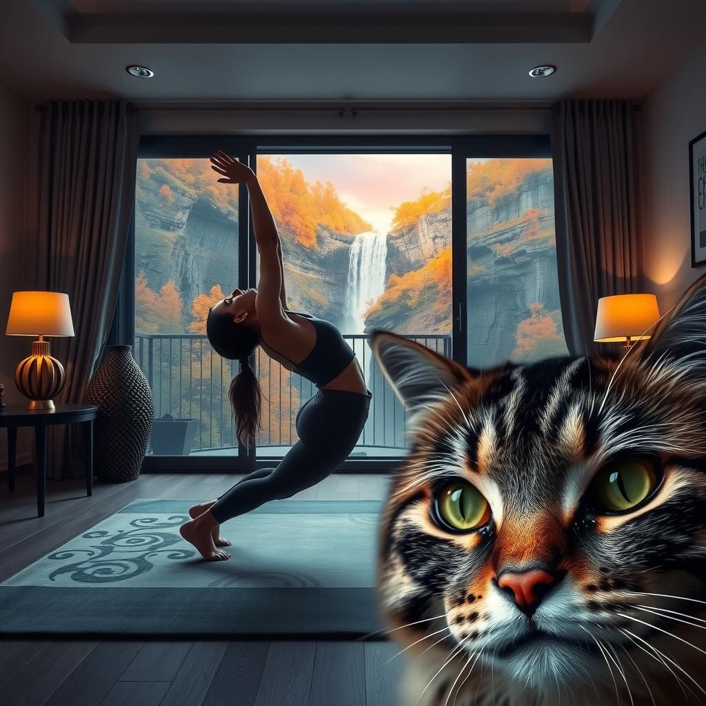 Yoga and Cats in Modern Room with Waterfall View
