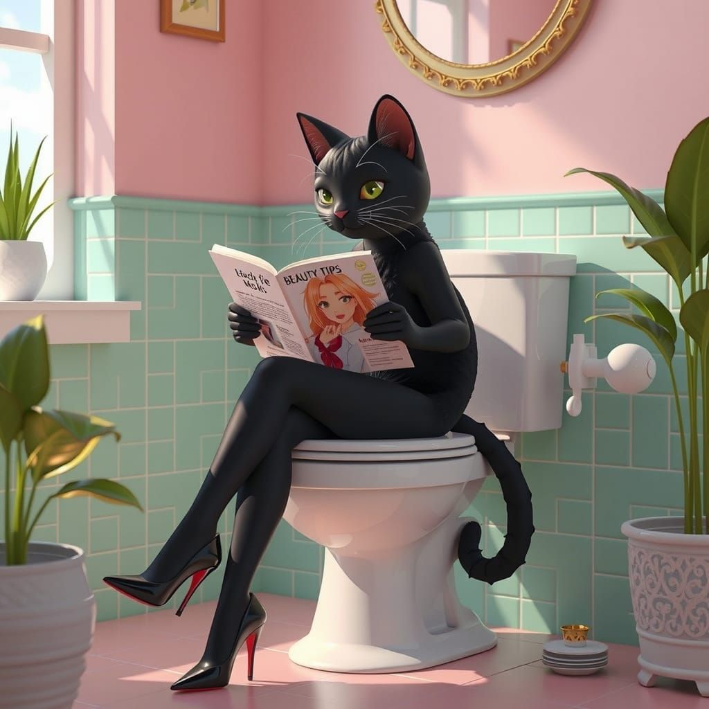 Black Cat Reads Magazine on Toilet in Pink Bathroom