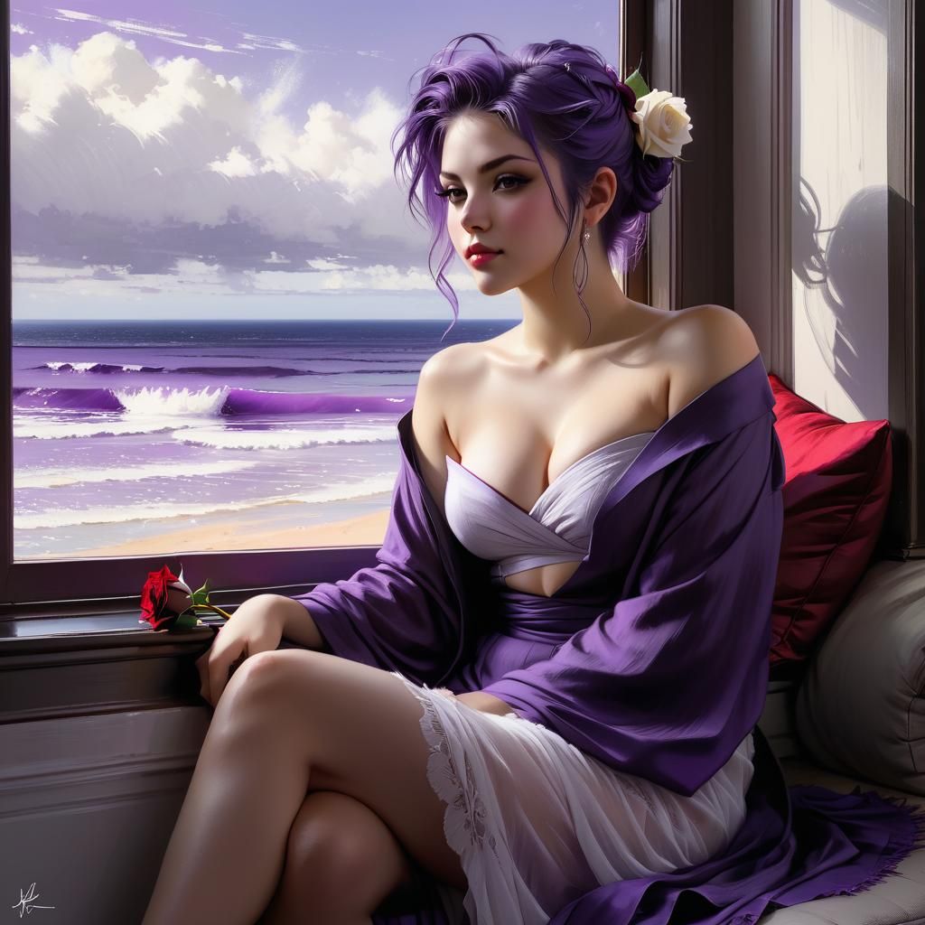 Woman at Bay Window Overlooking Purple Sea