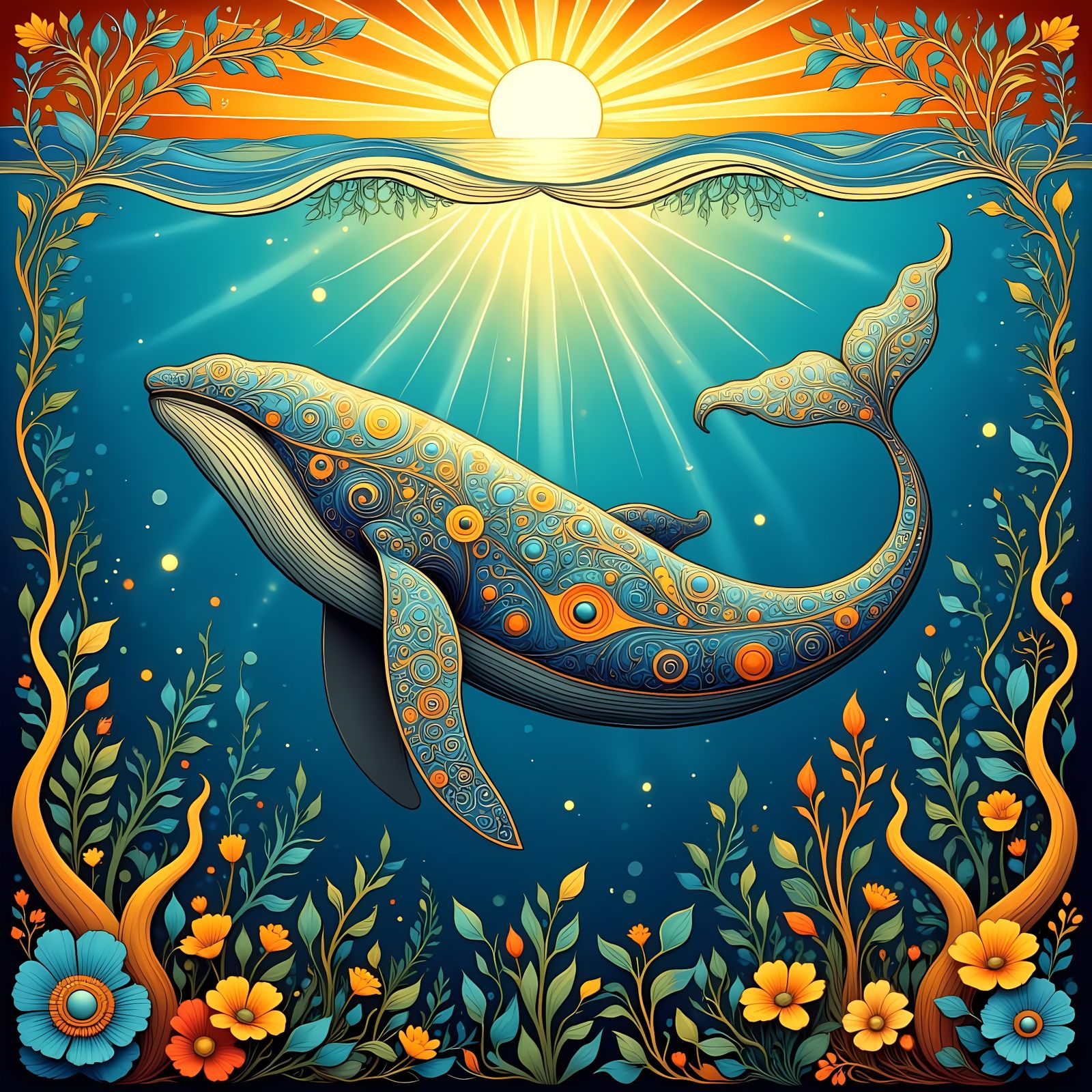 Luminous Whale in Art Nouveau Kelp Forest