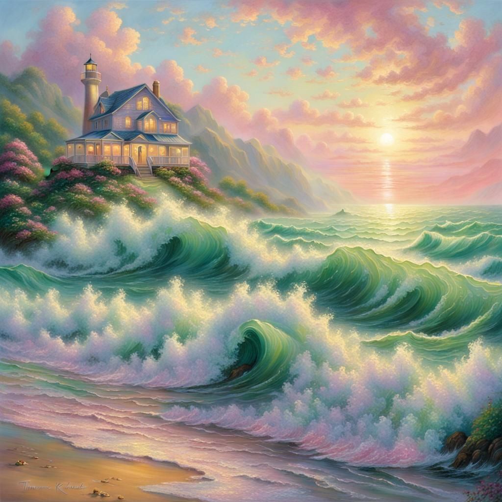 Pink and Green Sunset Over Rough Sea