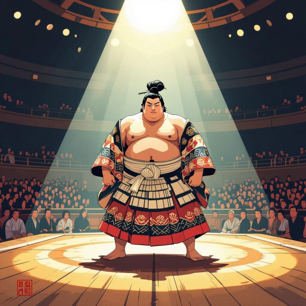 Sumo Wrestler in Ceremonial Glory in Ukiyo-e Style