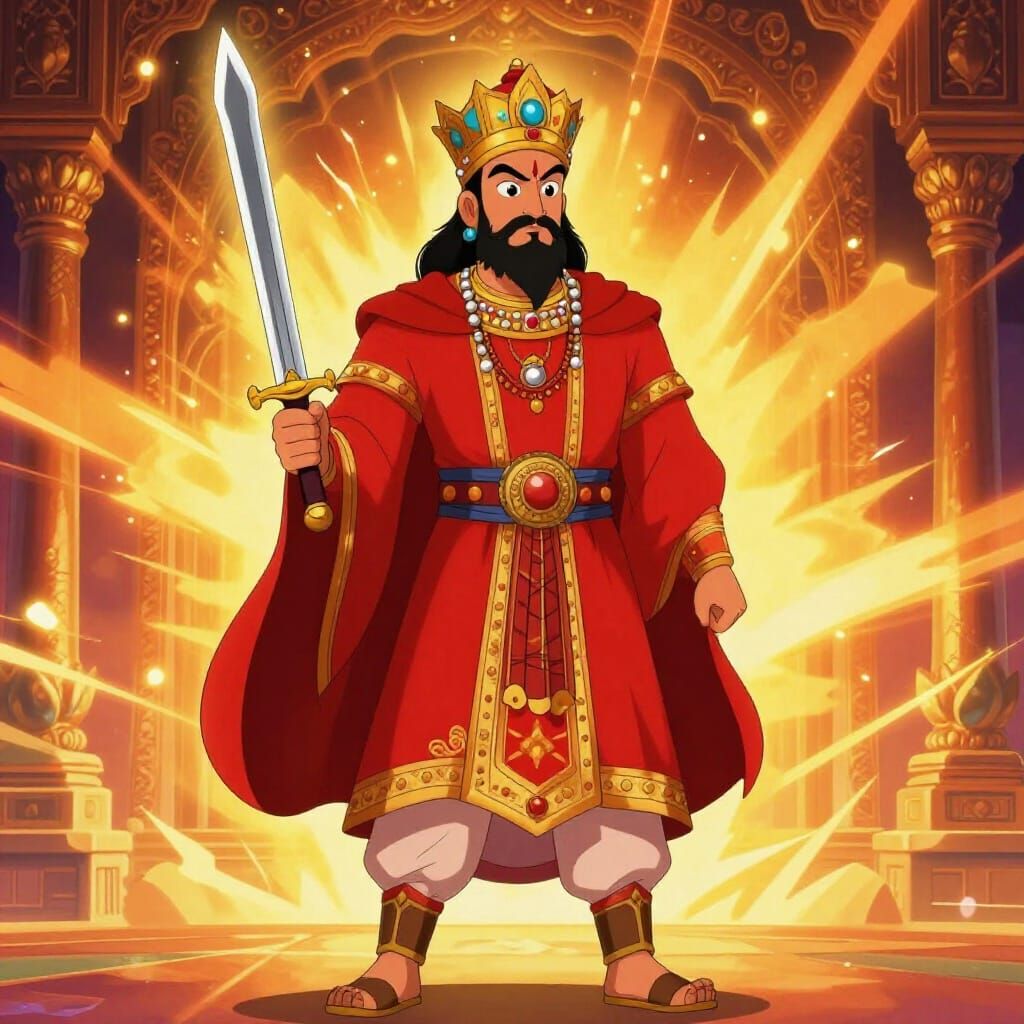 Ancient Indian King in Vibrant Cartoon Style
