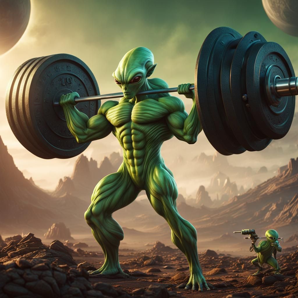 Muscular Green Alien Weightlifting: Detailed Matte Painting