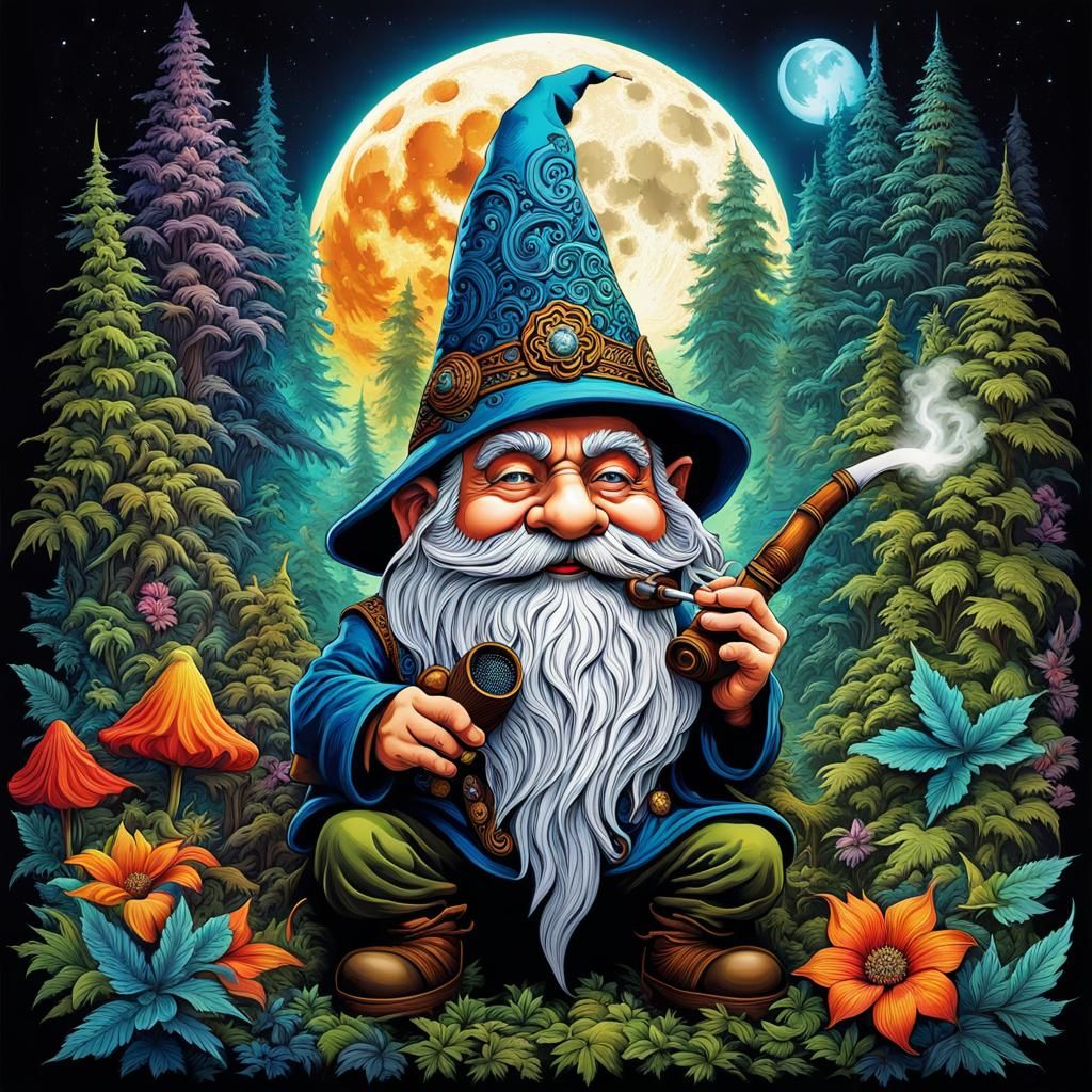 Psychedelic Gnome in Enchanted Forest, Ian Miller Style