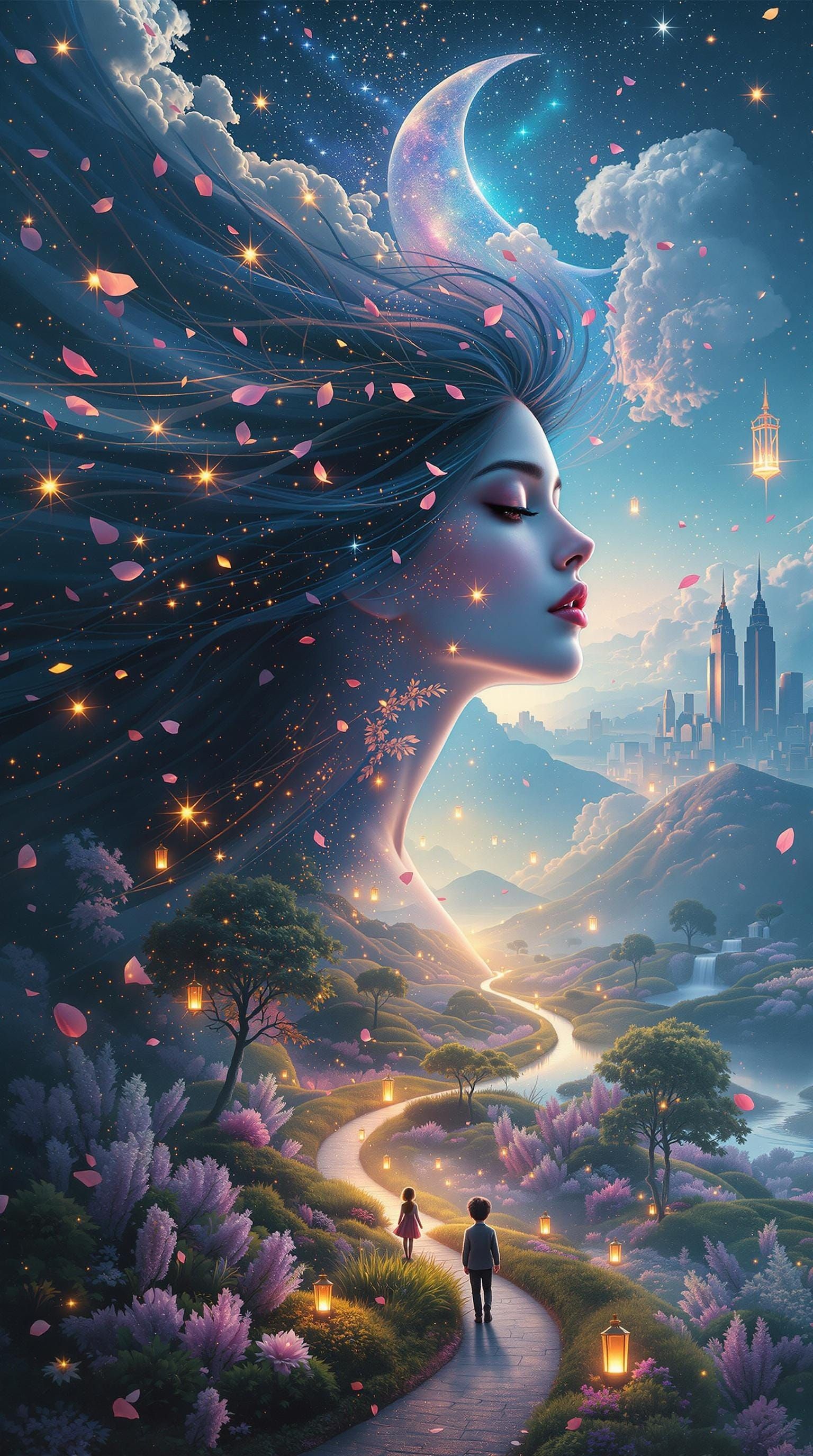 A surreal maximalist double exposure digital painting of a woman with flowing, waist-length hair that seamlessly blends ...