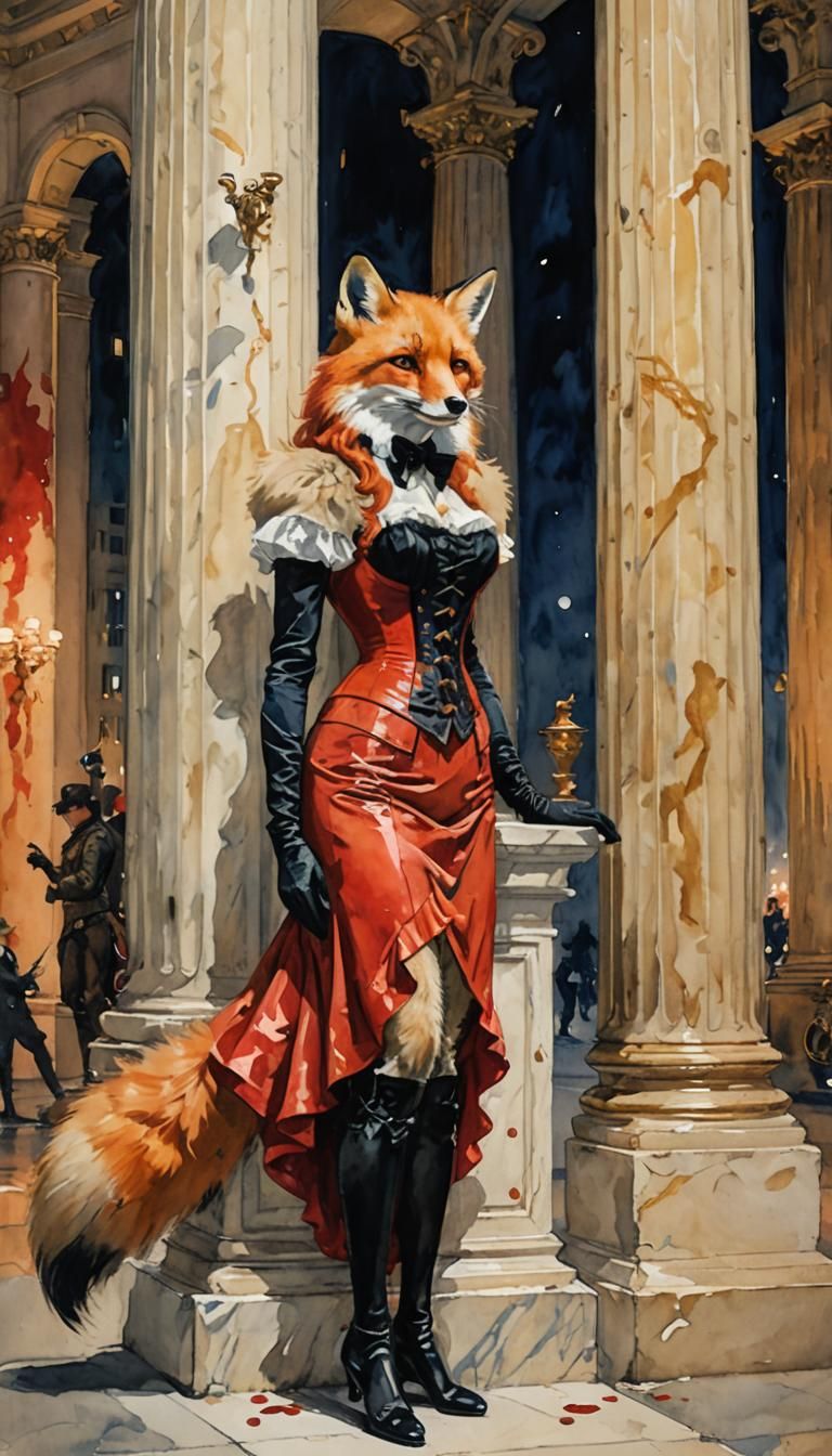 Fox in Red Corset Gouache Watercolor Style
