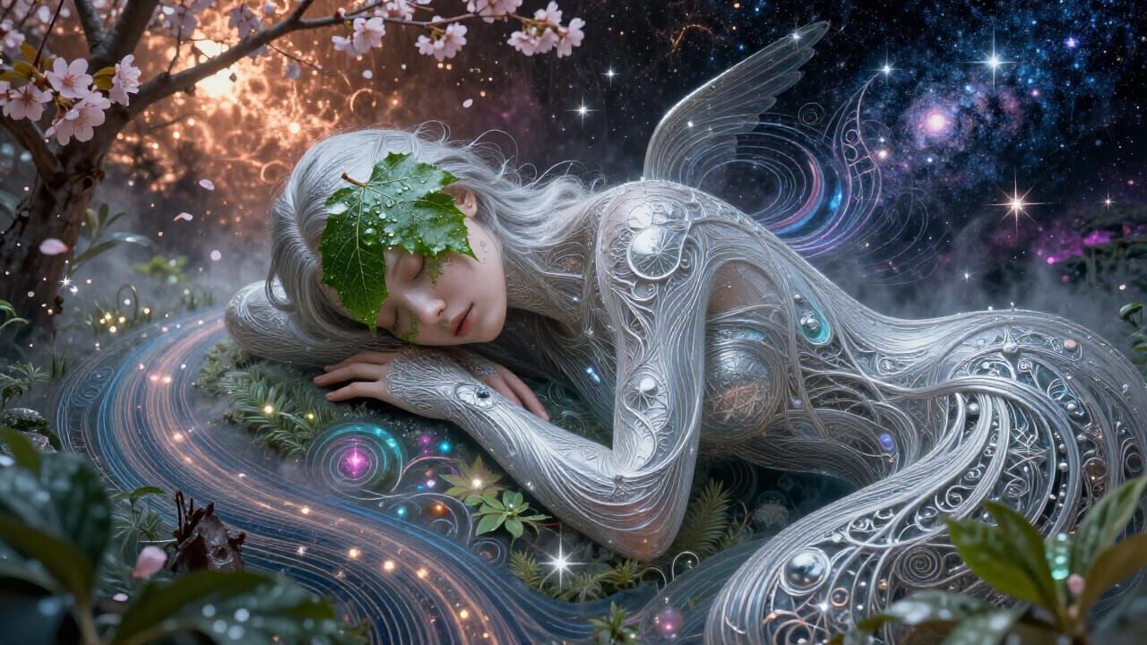 Cosmic Alchemist Releasing Grief Amidst Starlight and Cherry...