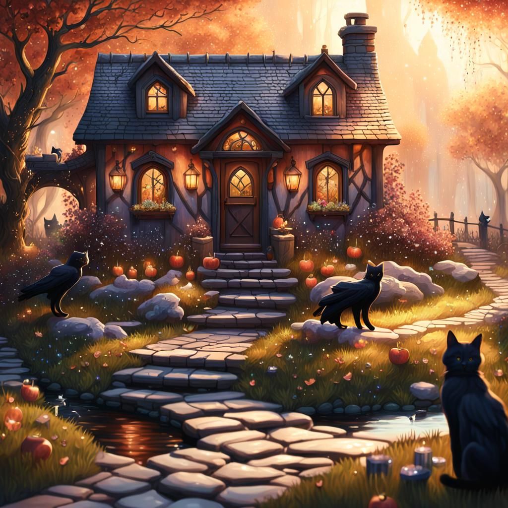 Mystical Forest House with Ravens and Glowing Crystals