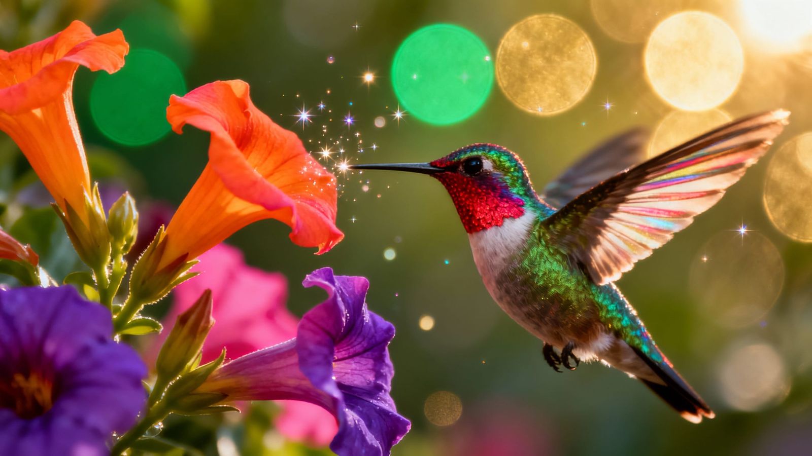 Iridescent Hummingbird and Trumpet Flowers in Golden Sunligh...