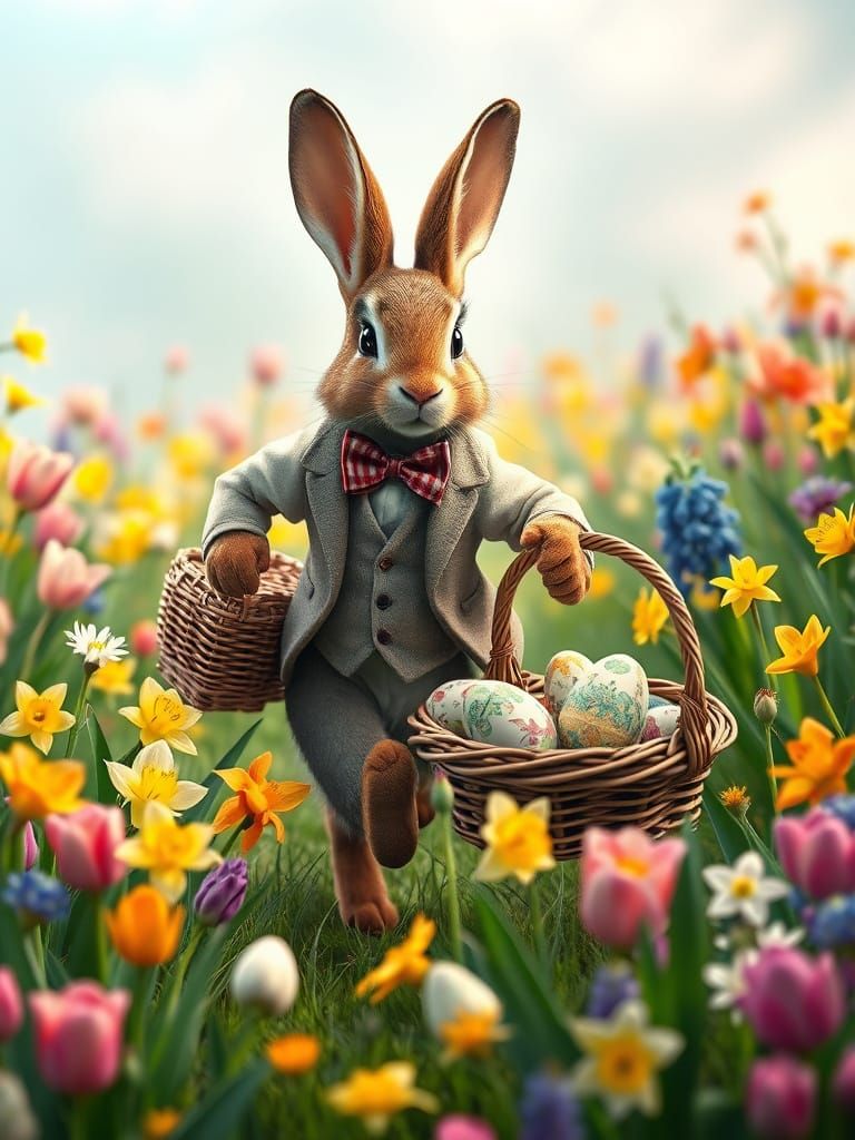 Whimsical Easter Bunny Rides in a Field of Spring Flowers