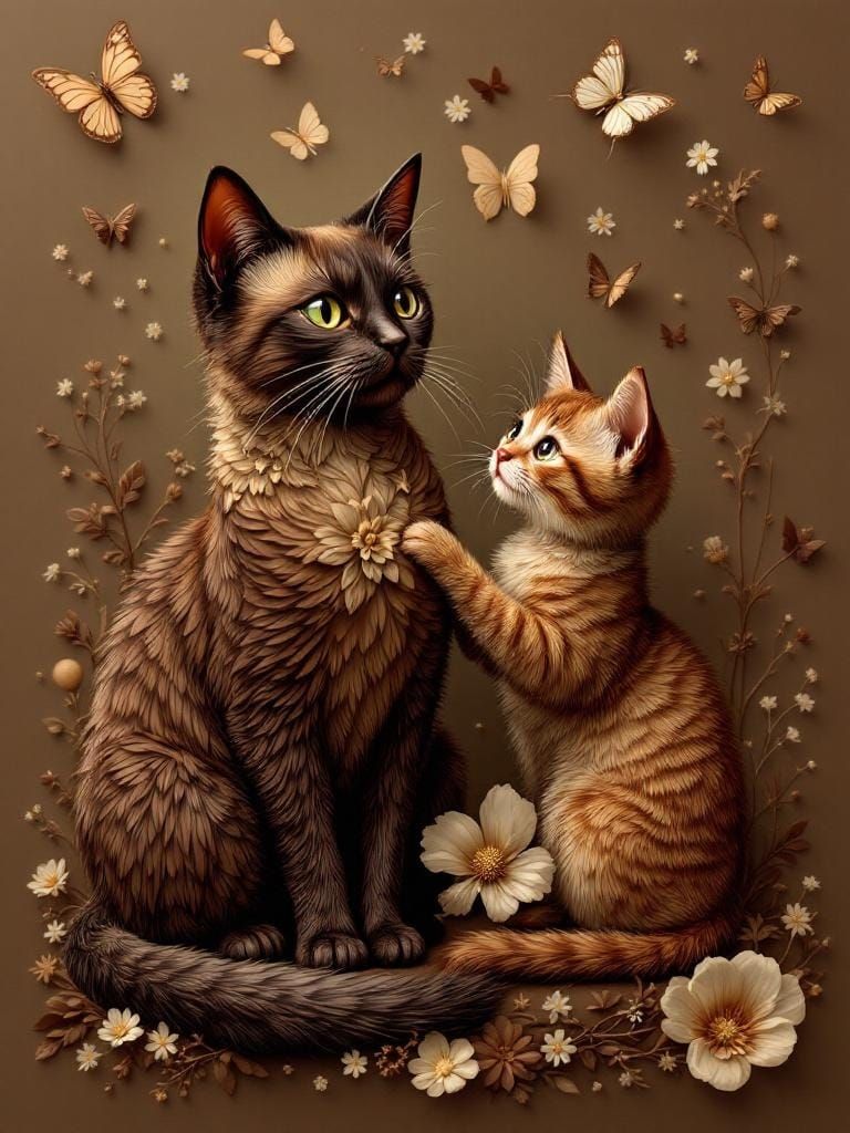 Chocolate Siamese Cat and Kitten Sculpture