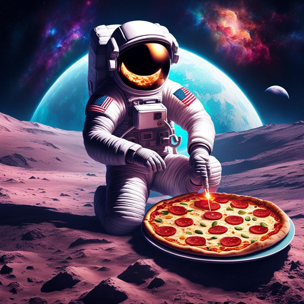 Astronaut Eats Pizza on Moon: Cosmic Illustration