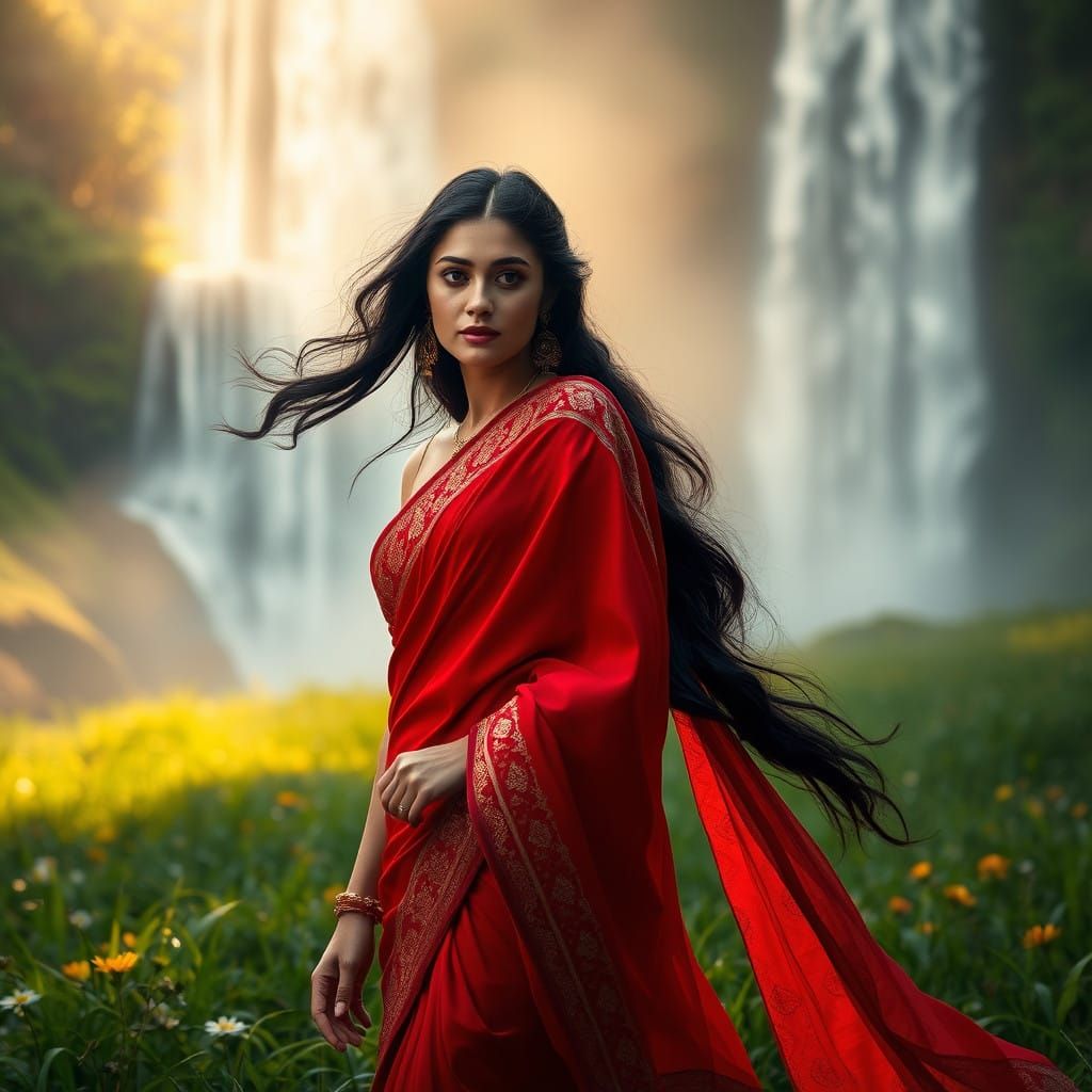 Ethereal Woman in Red Saree Walks in Lush Green Meadow