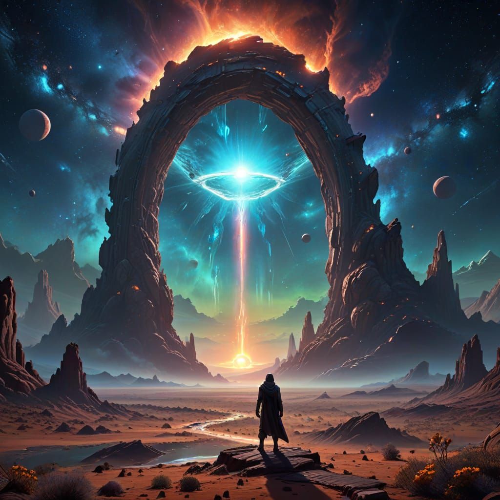 Crystalline Portal in Alien Desert: Moebius Style