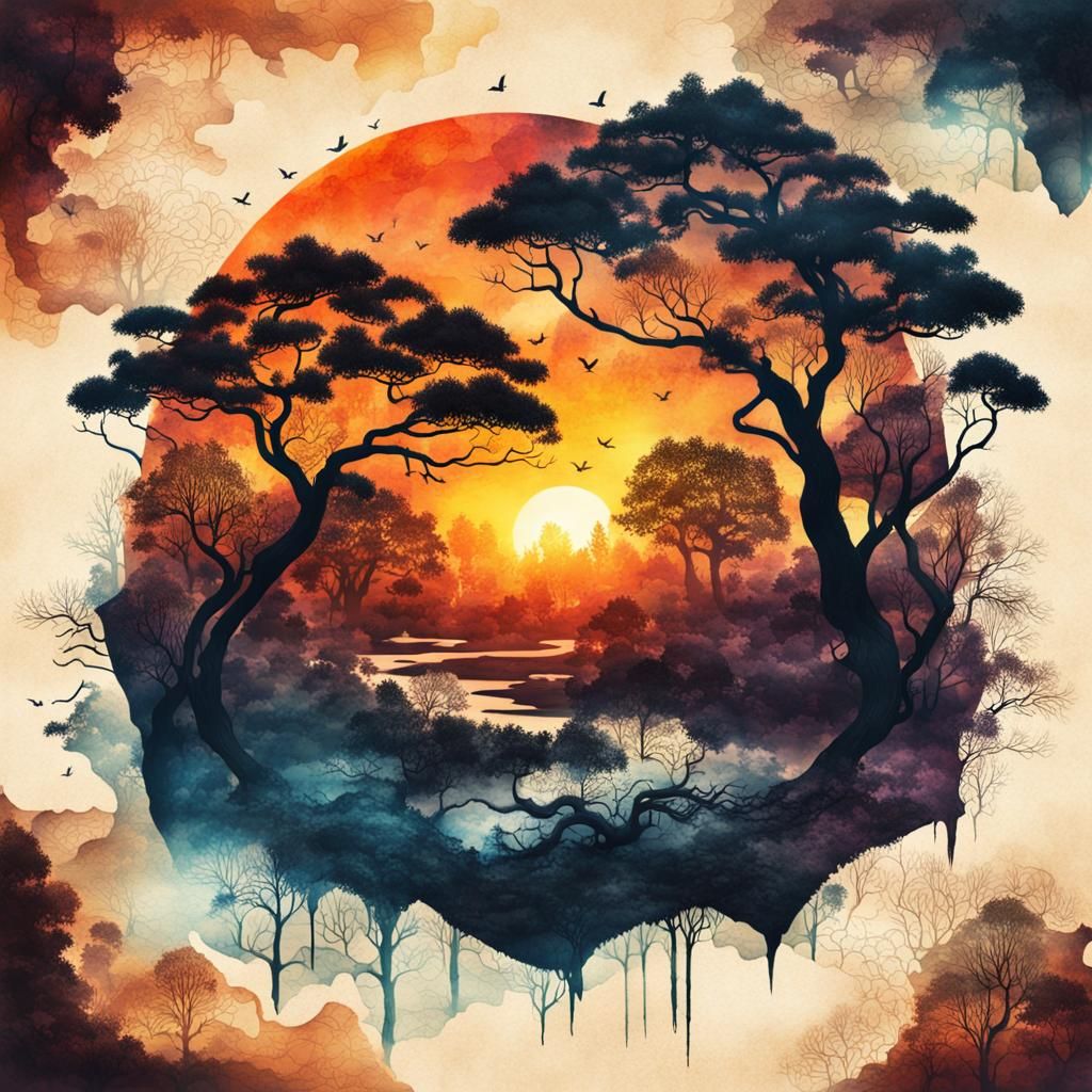 Serpent with Trees: Vintage Ink Painting