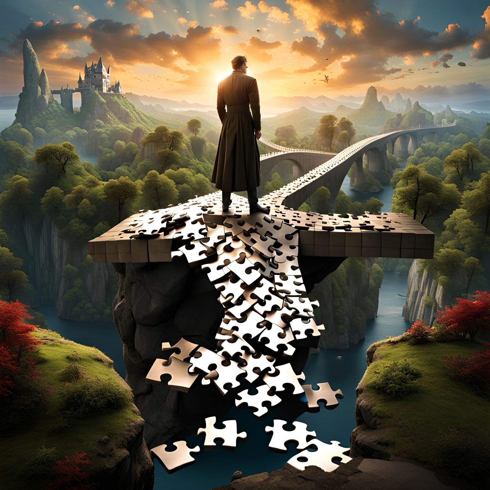 Fantasy Scene: Man Rebuilds Bridge with Jigsaw Pieces