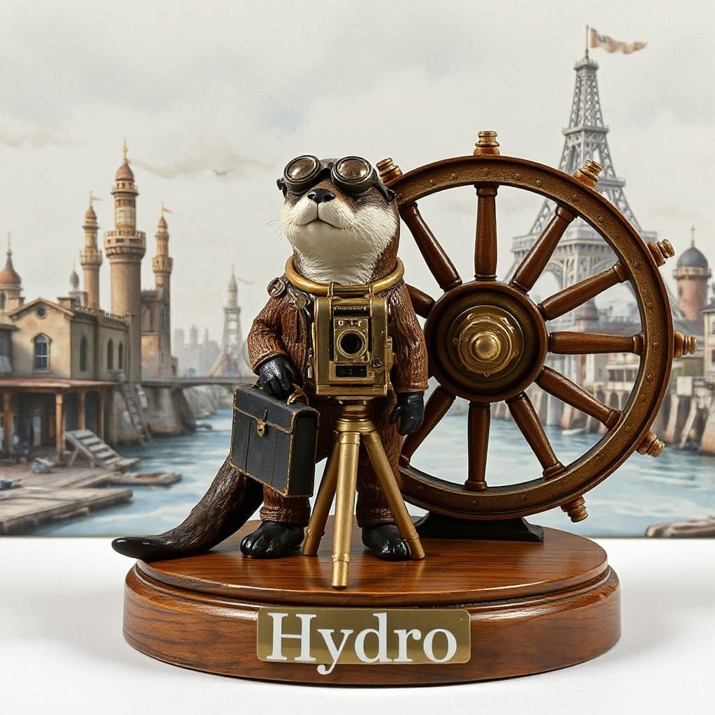 Steampunk Otter Engineer Collectible in Vintage Waterwheel S...