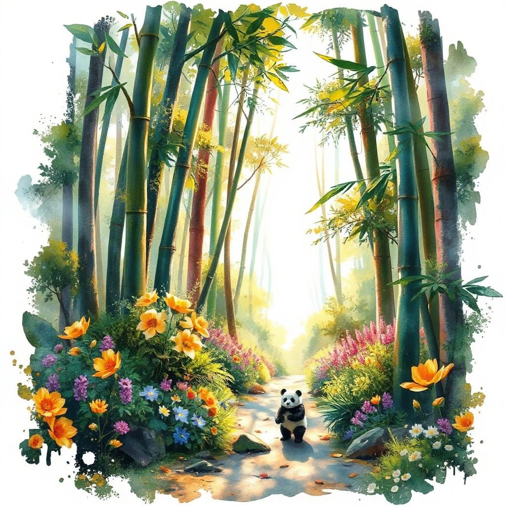 Panda in Bamboo Forest: Stylized Watercolor Art