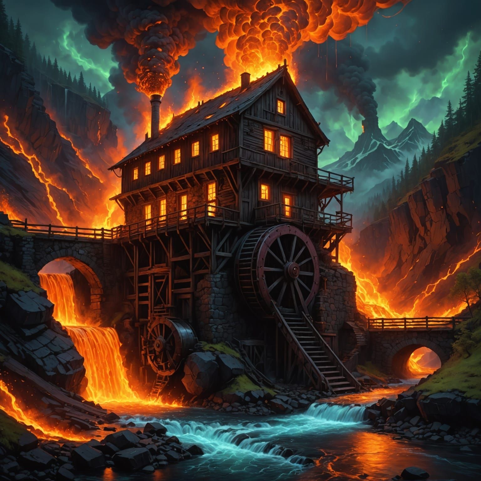 Glowing Lava Waterwheel in Cosmic Landscape