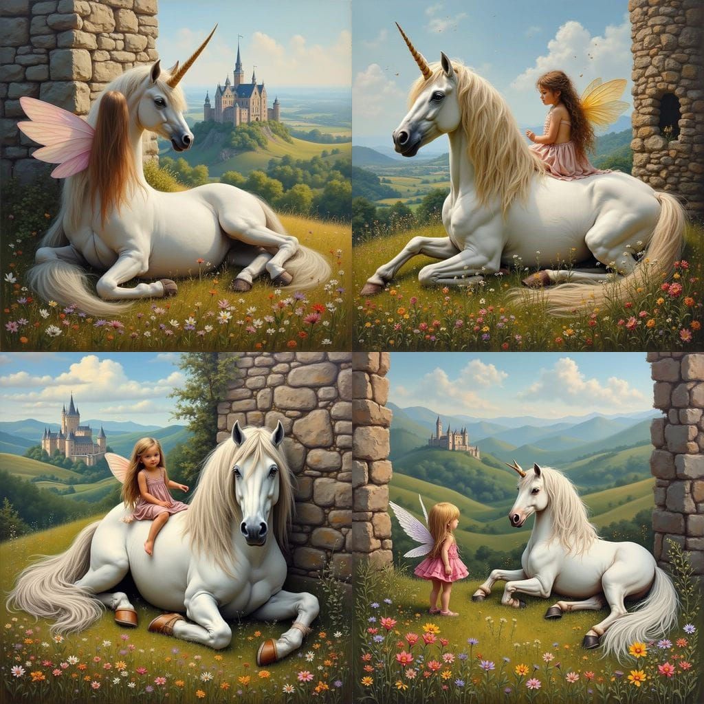 Whimsical Oil Painting of Fairy and Unicorn in Ruins