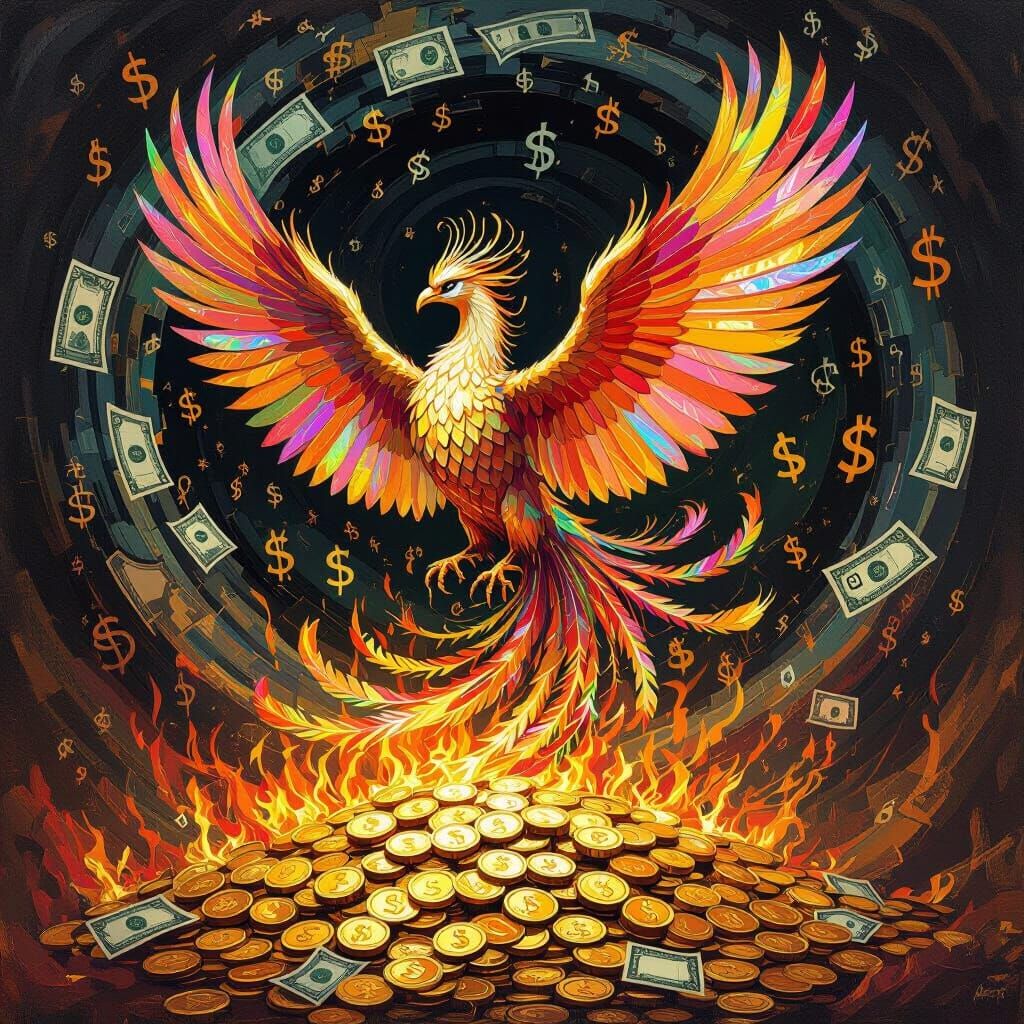 Phoenix Rising from Gold Coins in Baroque Style