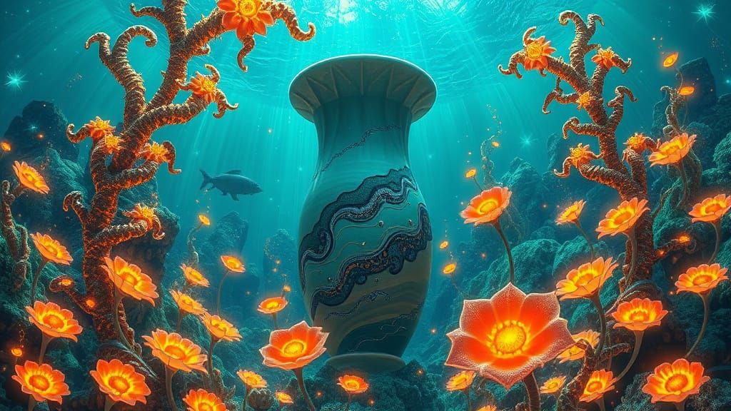 Kintsugi Vase in Bioluminescent Kelp Forest, Hyperrealism