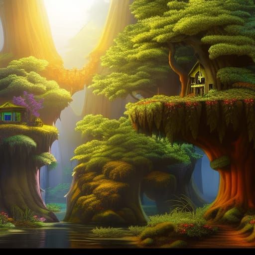 Enchanted Forest Treehouse in Splash Art Style