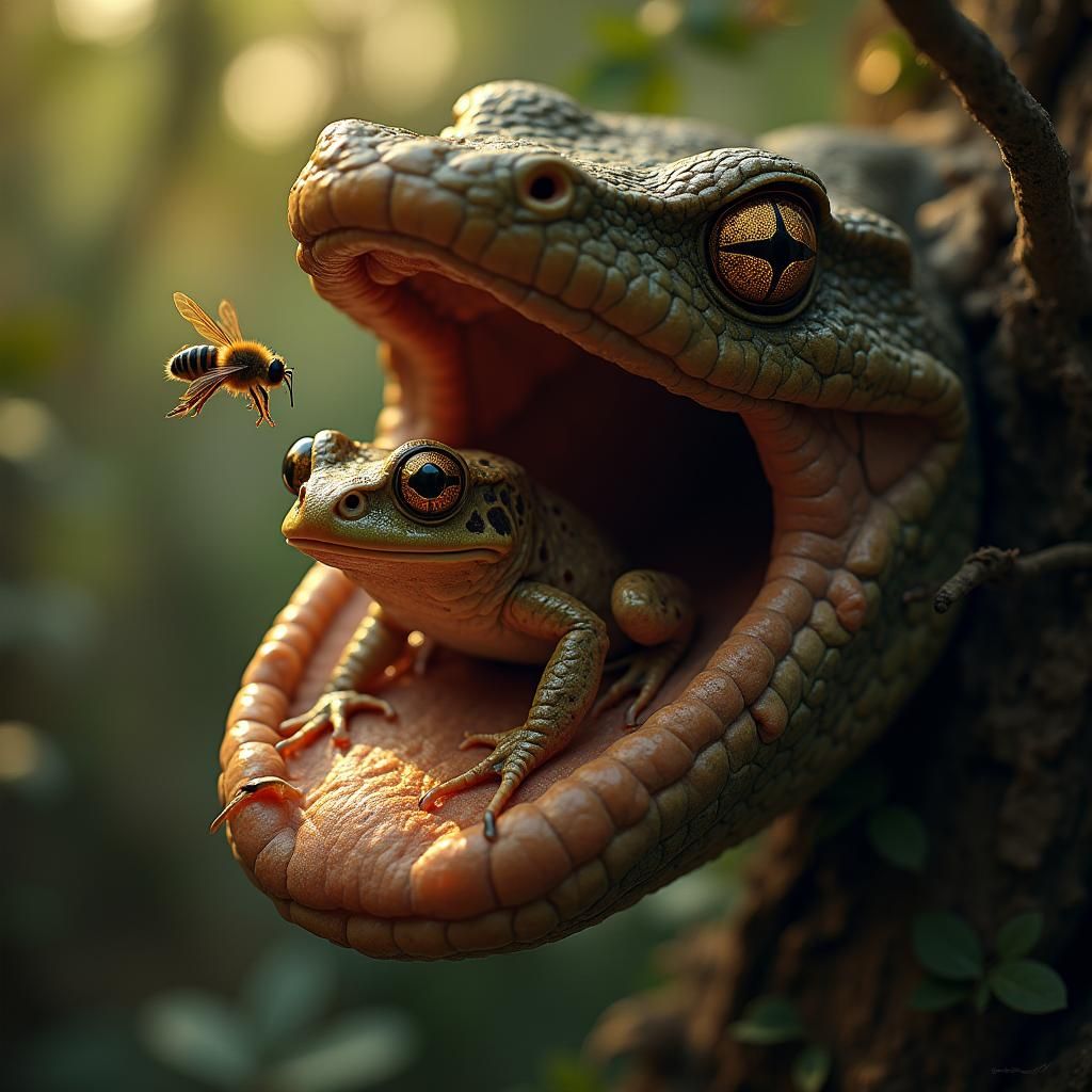 Frog About to Eat Bee in Snake's Mouth