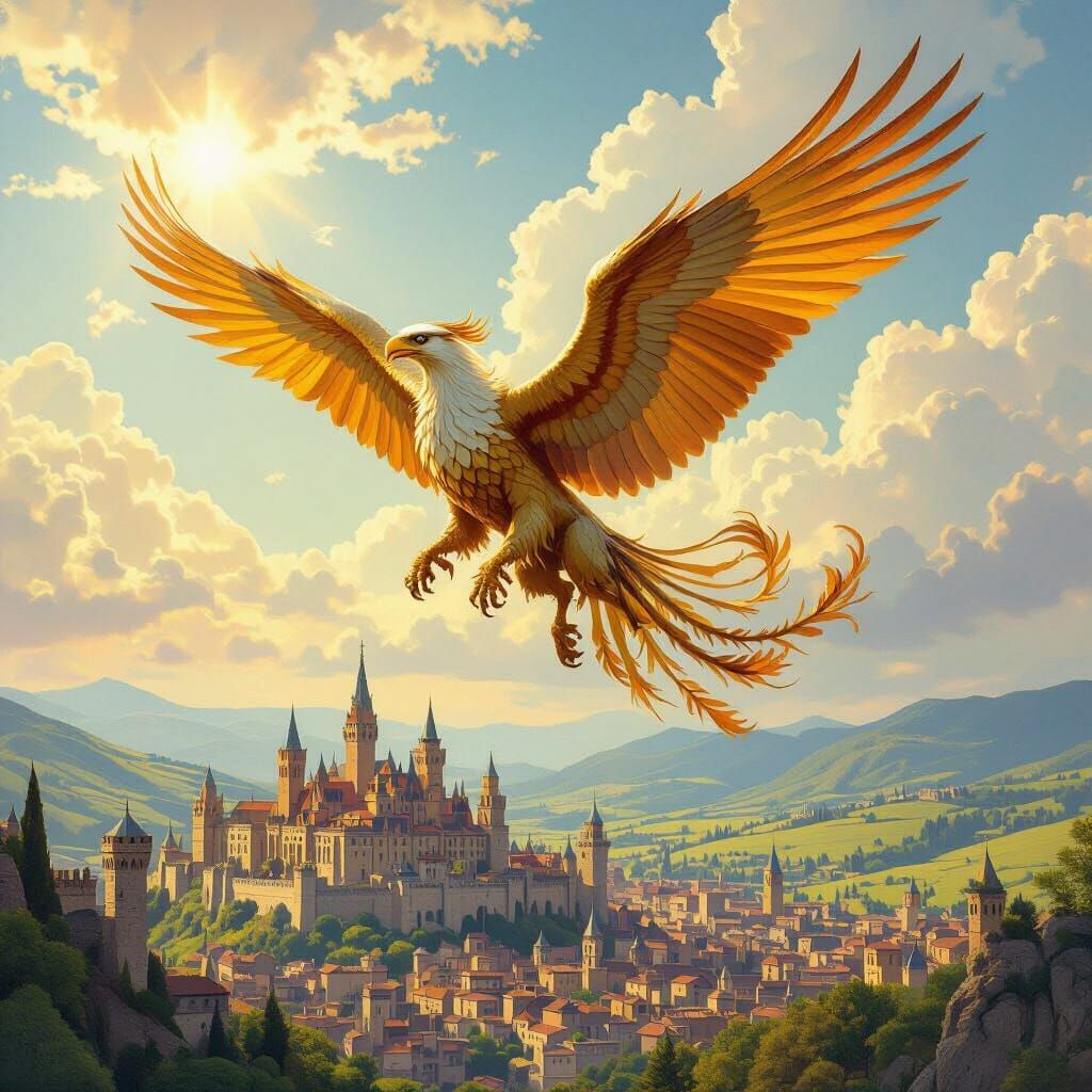 Griffin Soaring Over Medieval City as Oil Painting