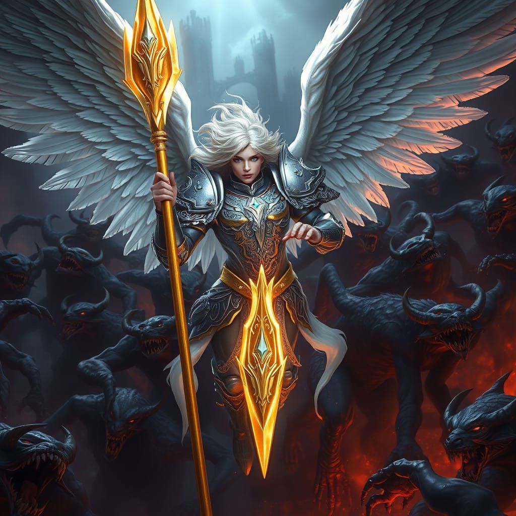 Ethereal Angel Battles Demonic Horde in Cyberpunk-Inspired F...