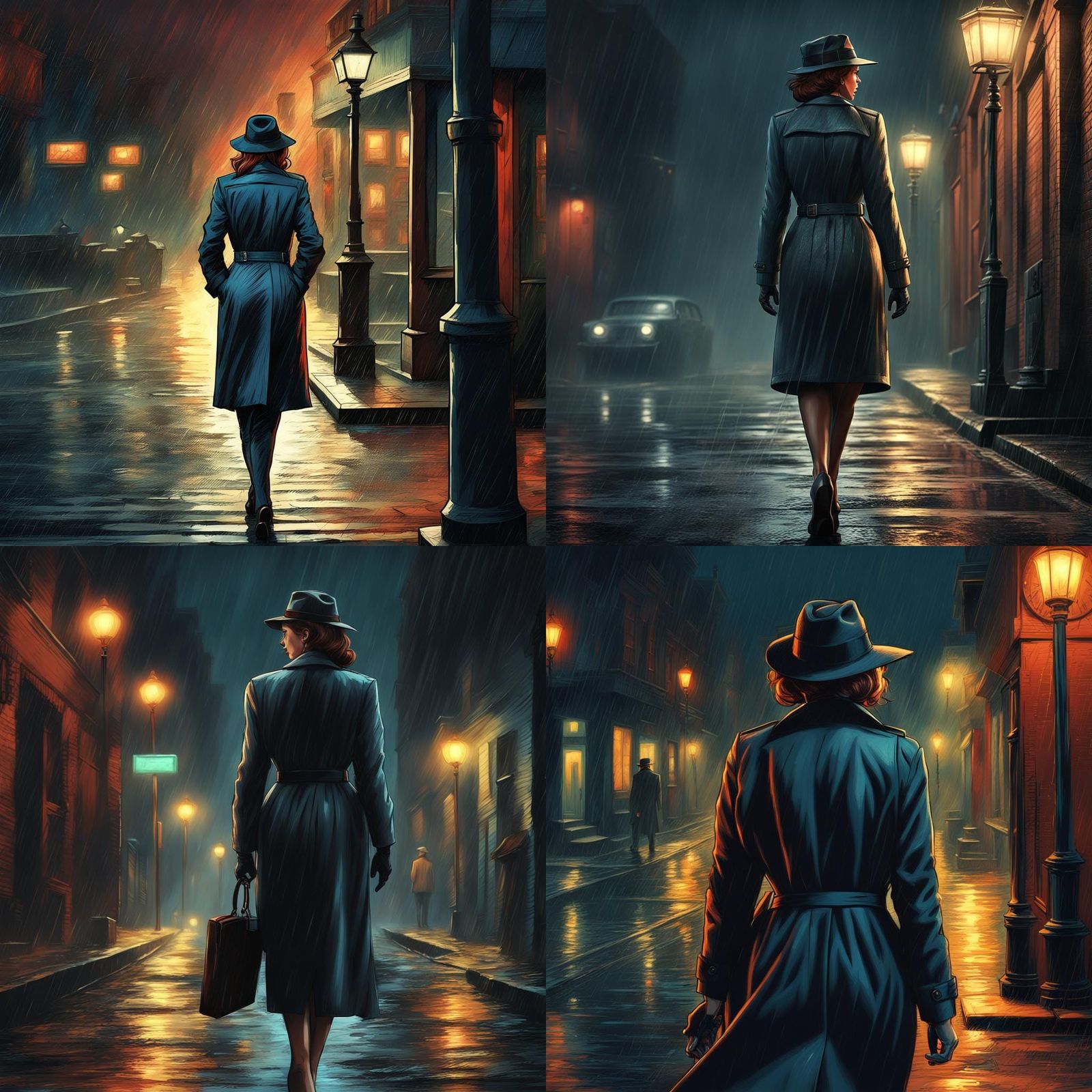 Film Noir Detective in Rainy City Street
