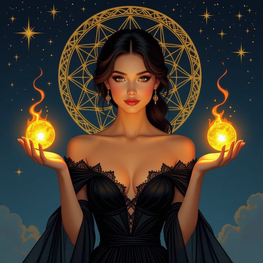 Woman with Fire Orbs in Fantasy Art Style