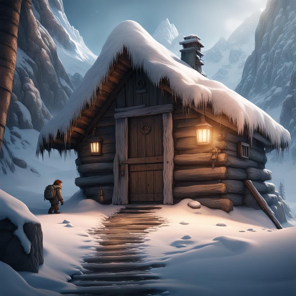 Yeti Opens Door to Snowy Hut: Detailed Matte Painting