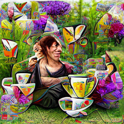 Cubist Woman Sipping Tea in Butterfly Garden