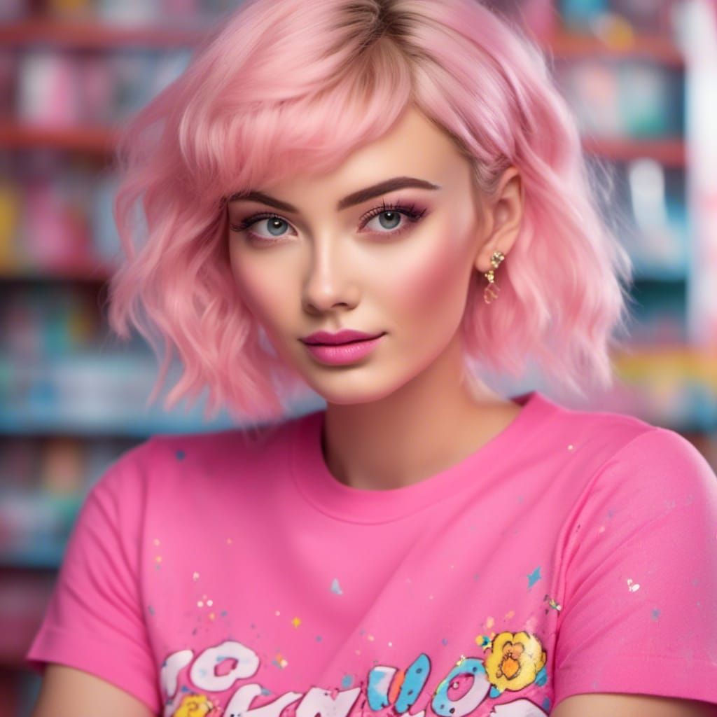 Blonde Crossdresser in Pink T-Shirt Winking