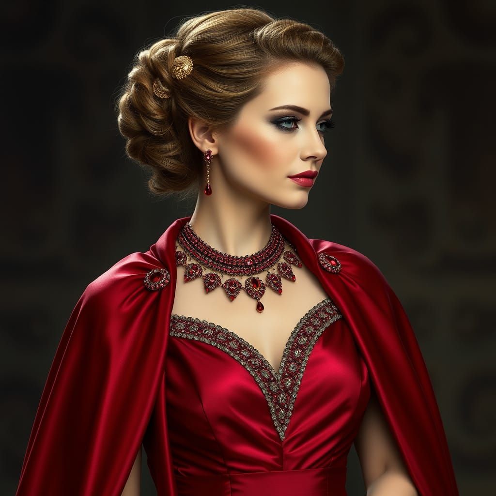 Regal Beauty in Rose Red Silk Cape Dress