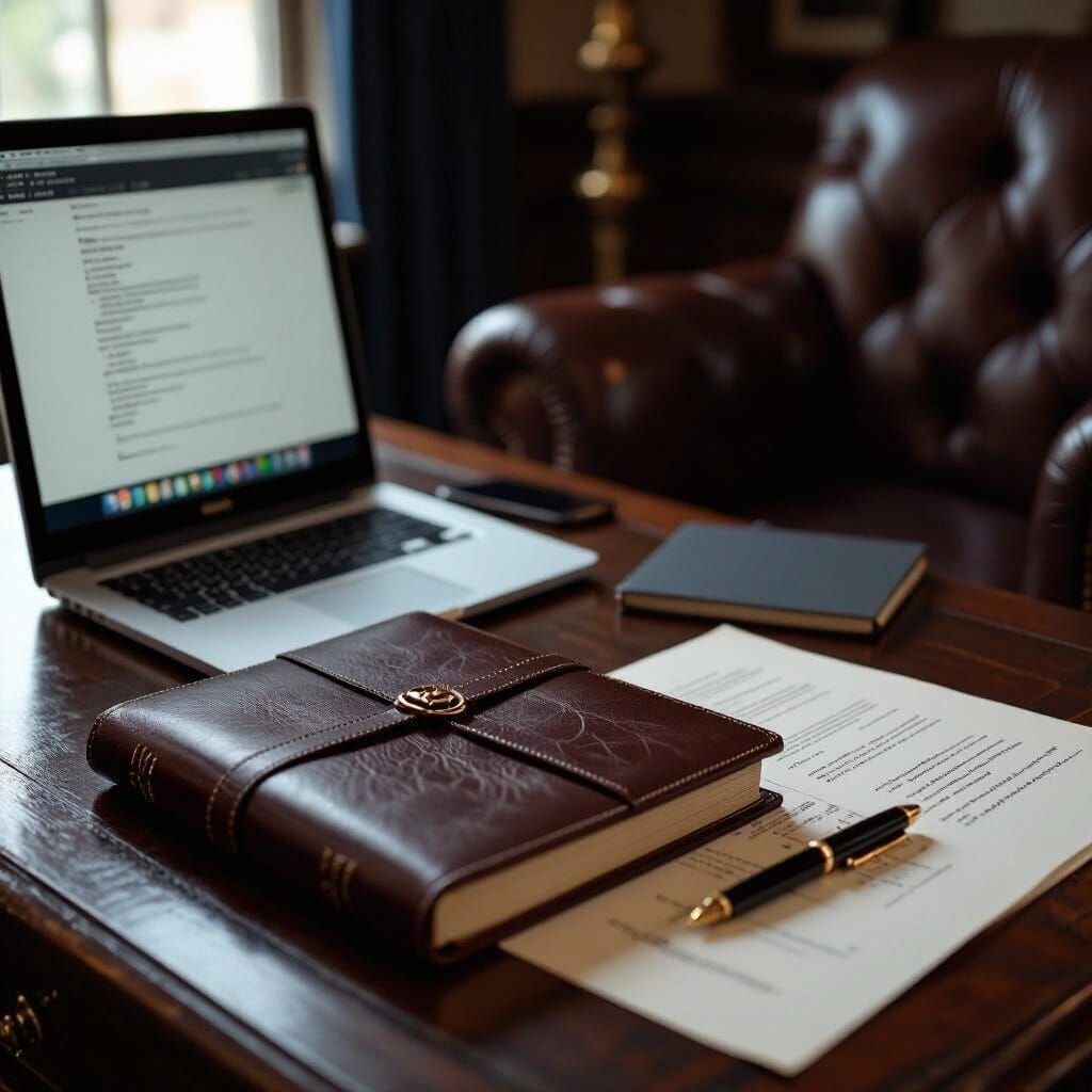 Luxury Desk Scene: Leather Notebook, Laptop, and Armchair