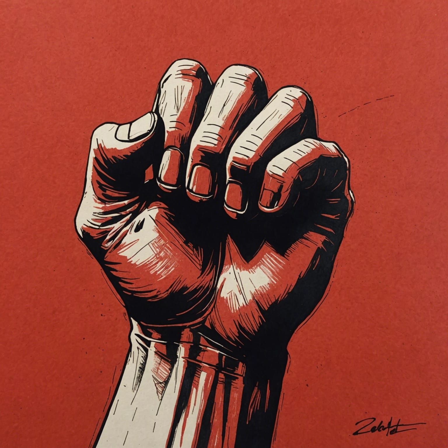 Rebellious Fist Raised Upward in Red Charcoal Sketch