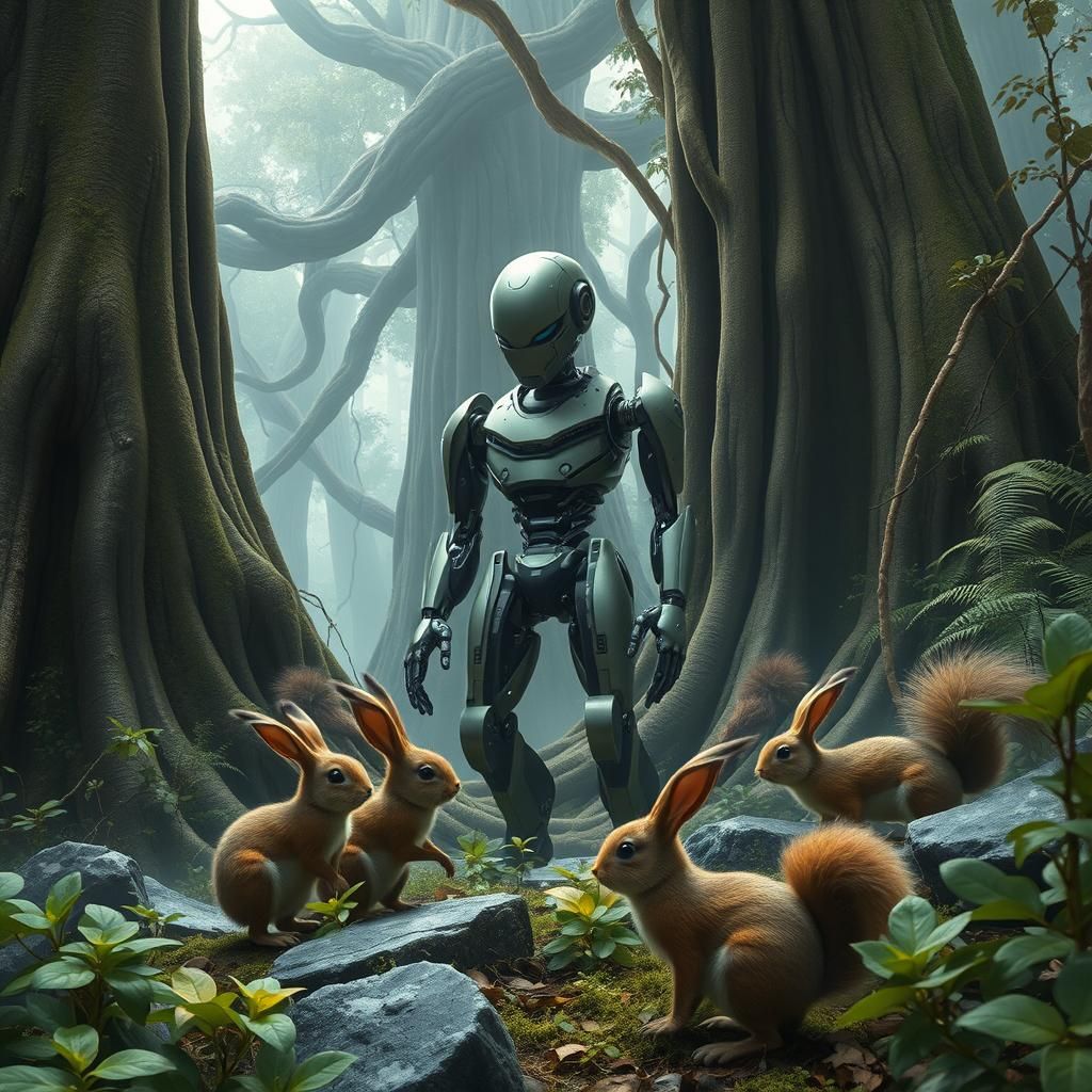 Robot and Forest Animals in 3D Anime Style