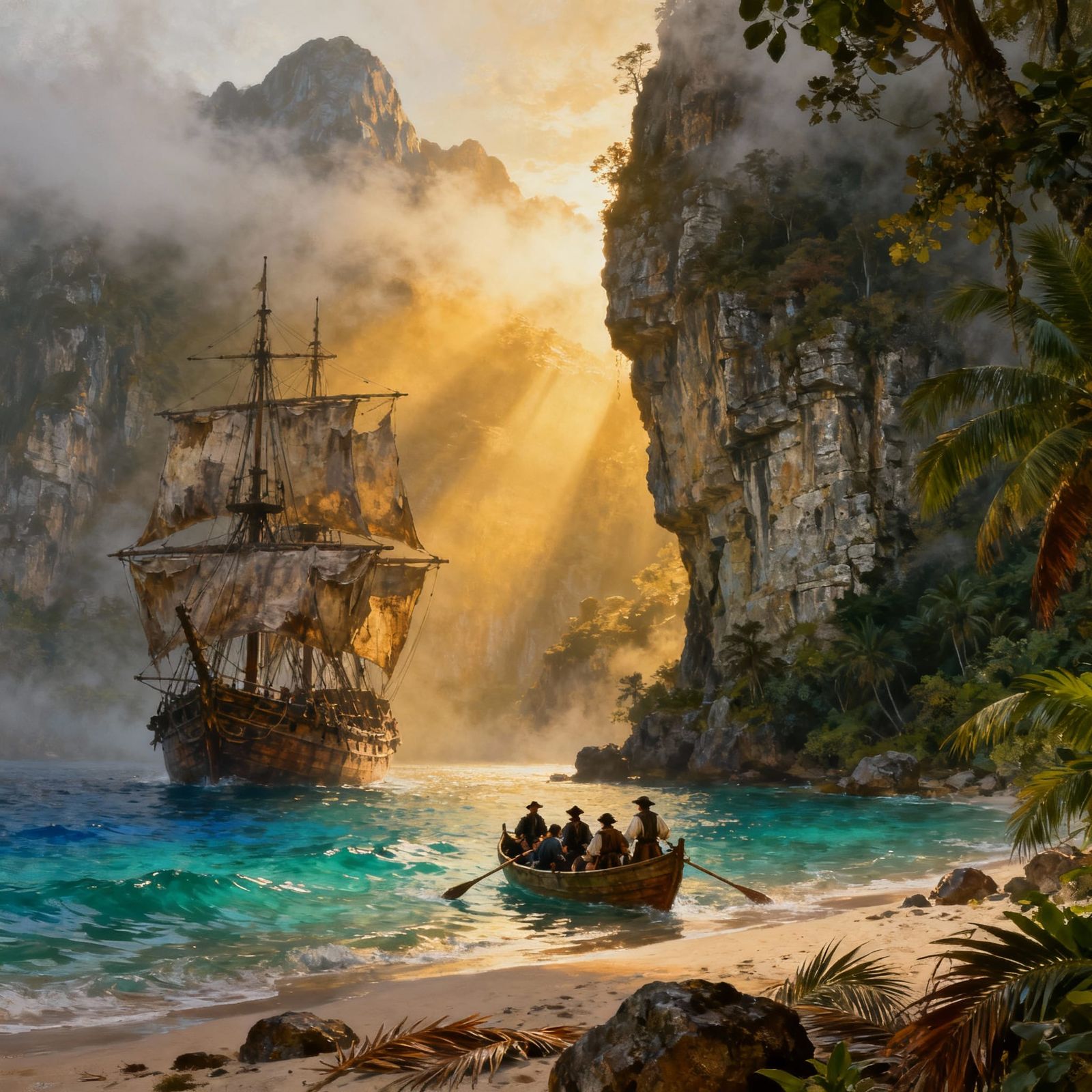 Mysterious Jungle Island With Galleon and Explorers