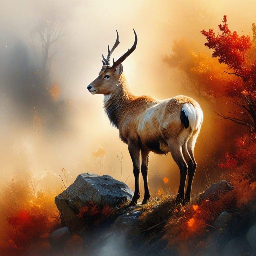 Hyper-Realistic Autumn Chamois in Oil Painting Style