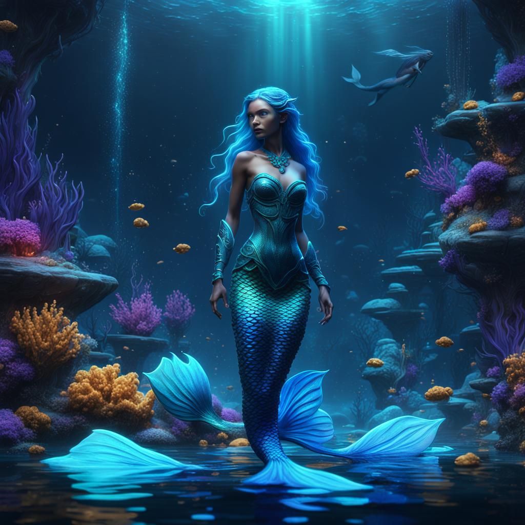 Neon Blue Mermaid in Detailed Fantasy Art