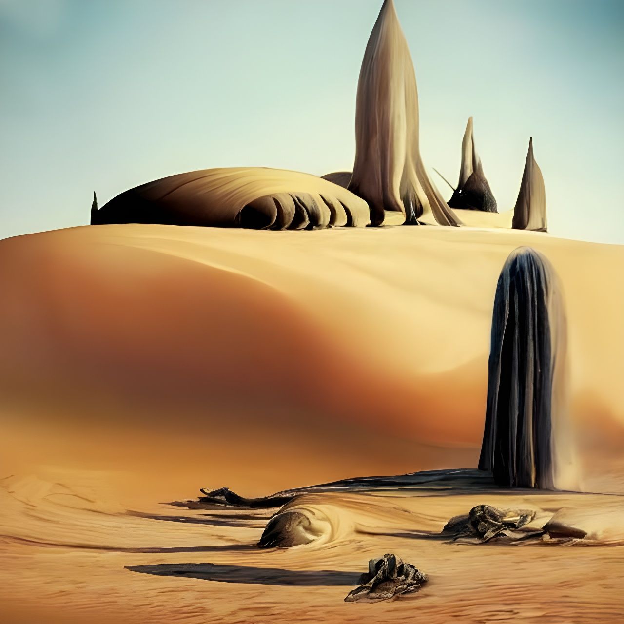 Surreal Desert Planet Inspired by Dali and Giger