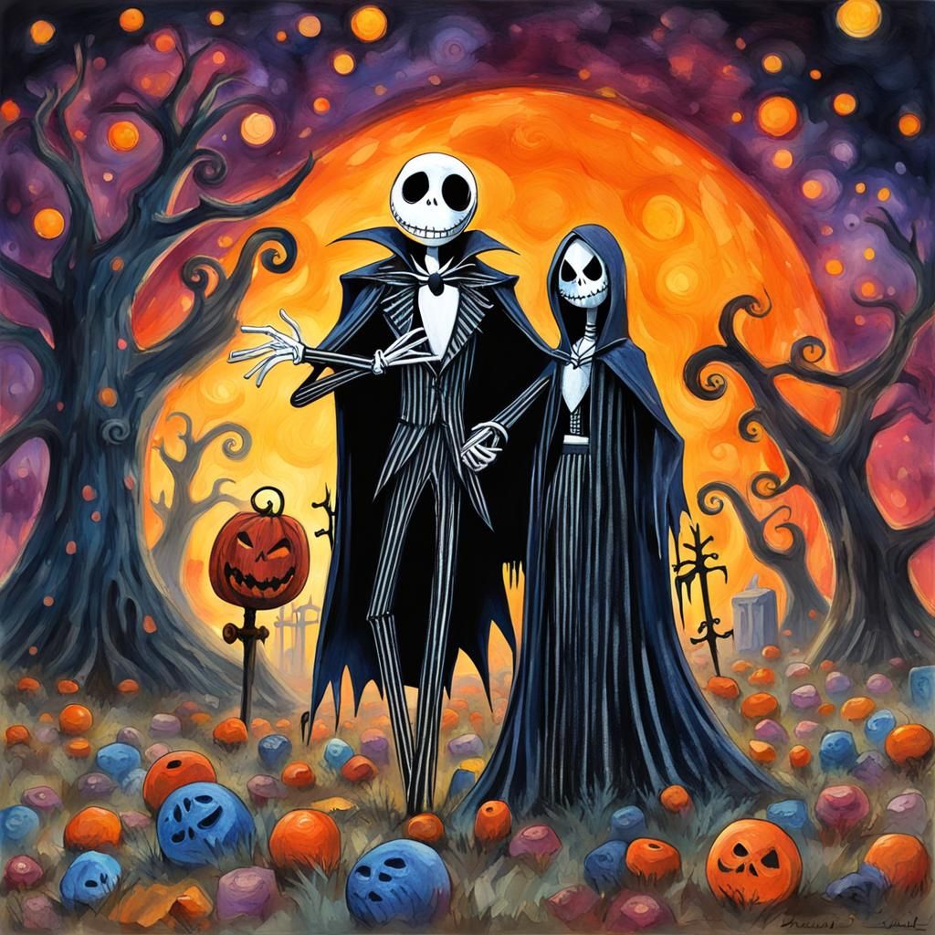 Jack Skellington and Sally in Gouache Style